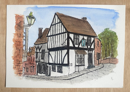 Original watercolour and ink sketch of the Harlequin Inn, Lincoln