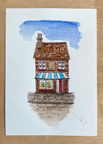 Original watercolour and ink sketch of a shop