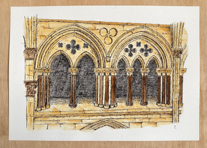 Lincoln Cathedral south nave triforium in watercolour and ink