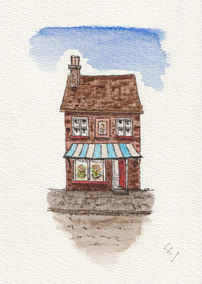 Original watercolour and ink sketch of a shop