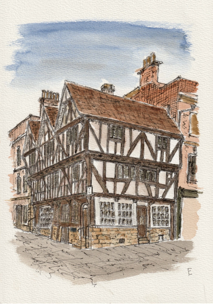 Original watercolour and ink sketch of the tourist information office in Lincoln.