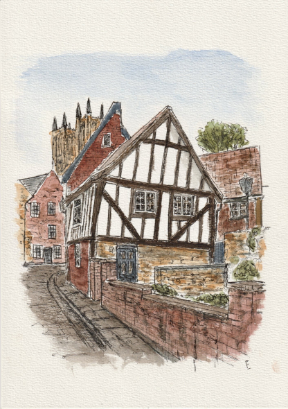 The Wonky House, Lincoln. Original watercolour and ink sketch