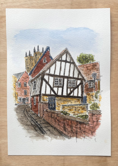 The Wonky House, Lincoln. Original watercolour and ink sketch.