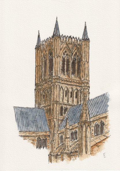 View of the central tower of Lincoln Cathedral. Original sketch in watercolour and ink.