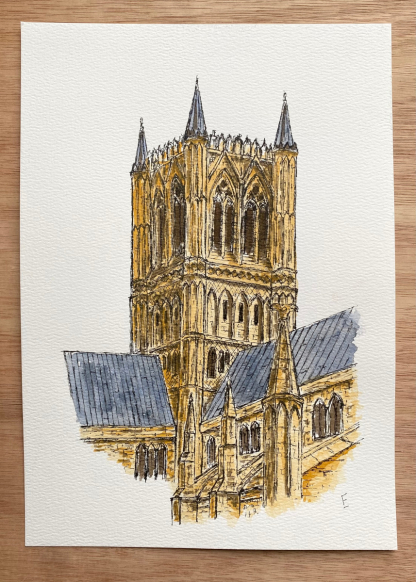 View of the central tower of Lincoln Cathedral. Original sketch in watercolour and ink.