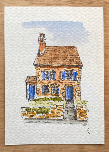 Original sketch of a cottage in watercolour and ink