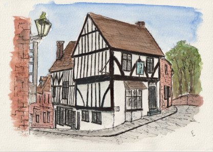 Original watercolour and ink sketch of the Harlequin Inn, Lincoln