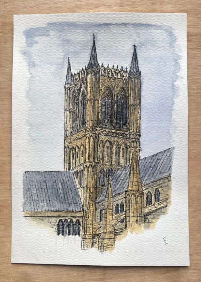 Original watercolour and ink sketch of Lincoln Cathedral central tower