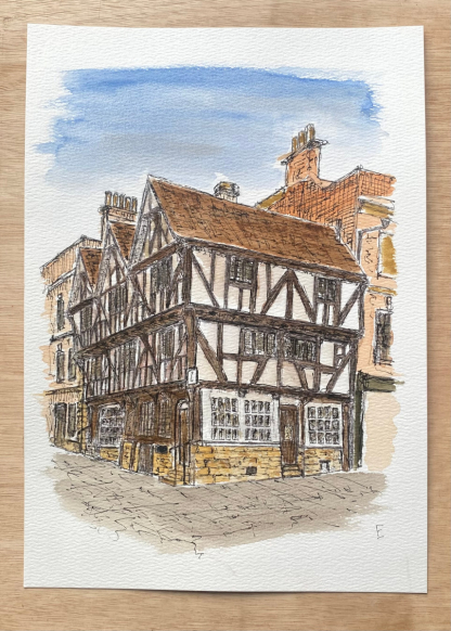 Original watercolour and ink sketch of the tourist information office in Lincoln.