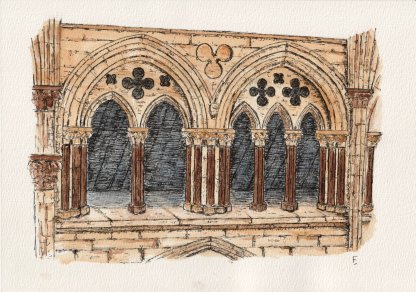 Lincoln Cathedral south nave triforium in watercolour and ink