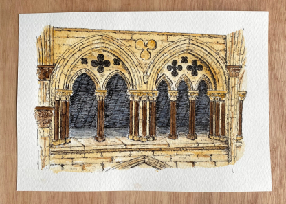 Nave triforium, Lincoln Cathedral. Watercolour and ink sketch