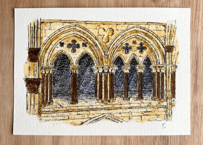 South nave triforium, Lincoln Cathedral. Original watercolour and ink sketch.